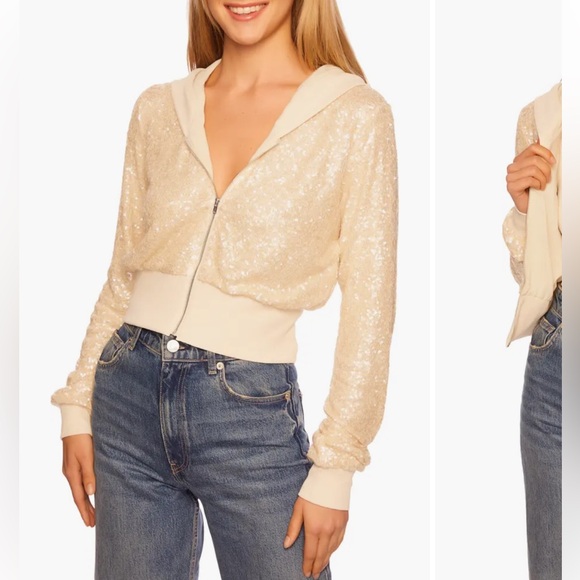 NWT $238 Susana Monaco Sequin Hoodie Belgian Oatmeal women sizes: XS, S, M, L - Picture 1 of 12